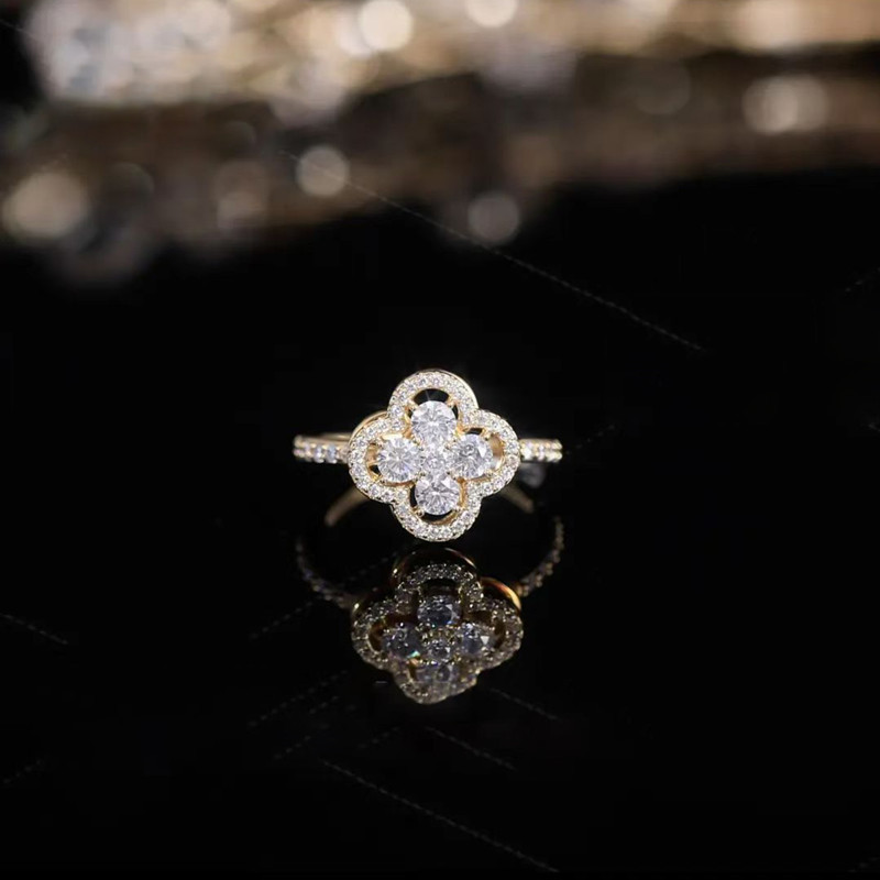 K-Style Micro-Encrusted Four-Leaf Flower Zircon Flower Rotatable Women's Index Finger Ring Accessible Luxury Niche Opening Adjustable