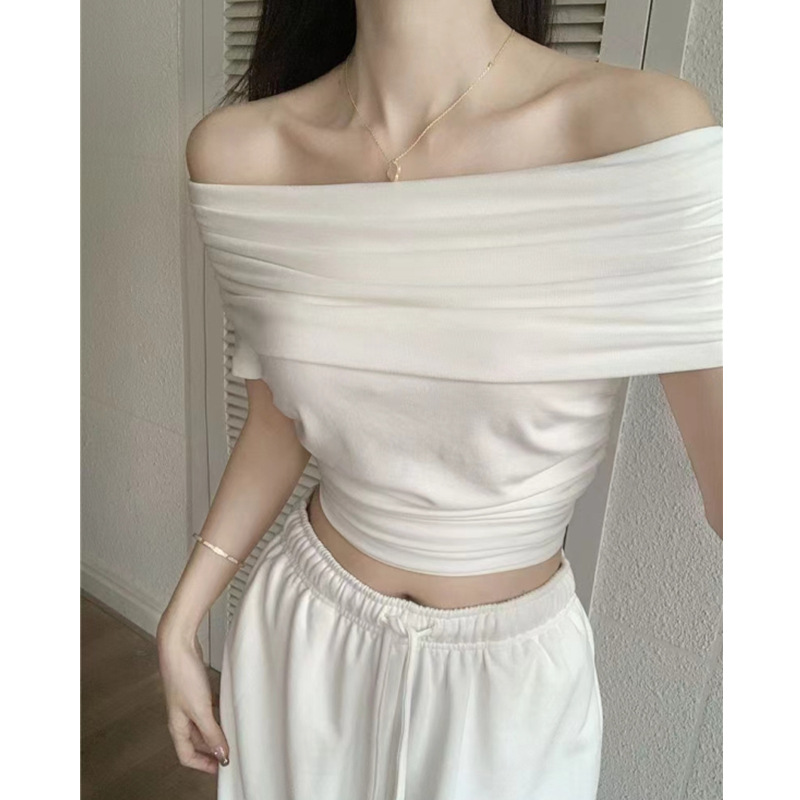 Picture of Shoulder Collar Chic Beautiful Knitted Top 2024 Summer New Slim-fit Slimming Sexy Short-sleeved Shirt for Women