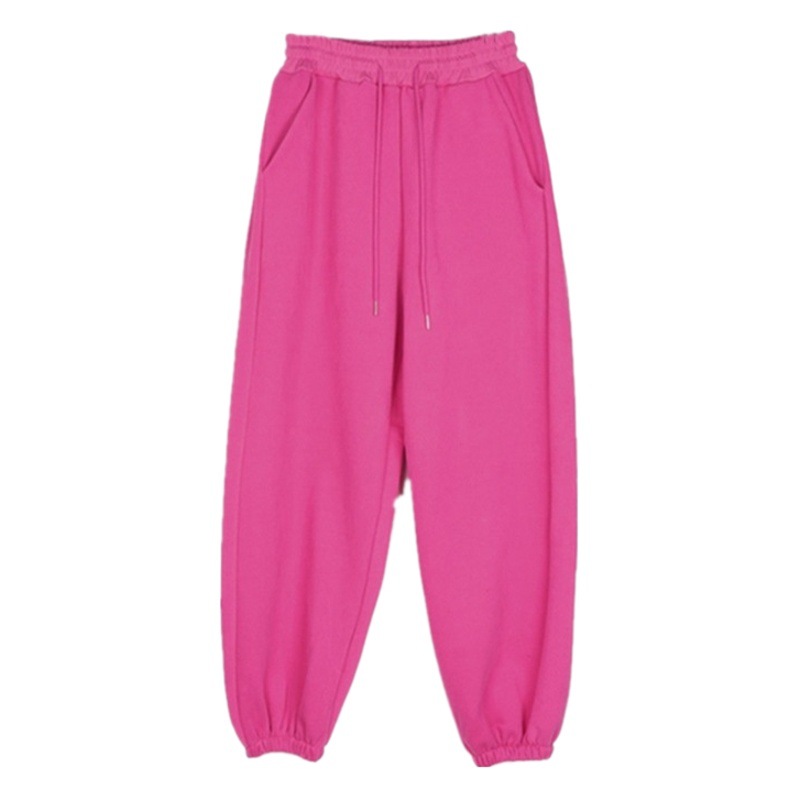 2025 Spring and Autumn New Korean Style fleece-lined Loose Large Pocket Laid-back Solid Color Simple Drawstring Casual Sports Sweatpants for Women
