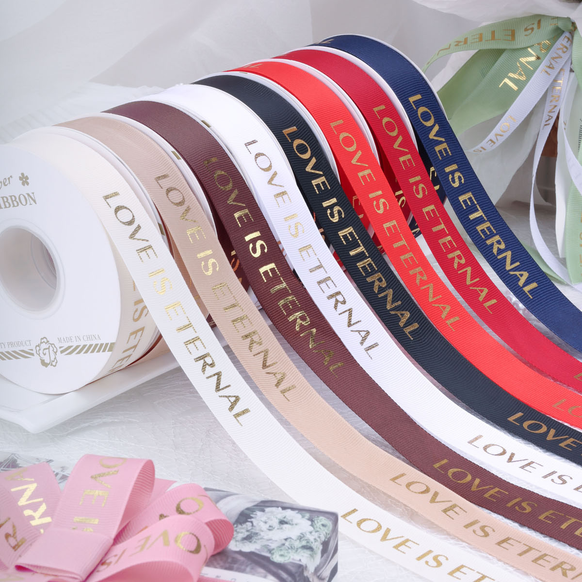 2.5cm bronzing polyester ribbon love is eternal flowers bouquet packaging material ribbon gift box decorative ribbon