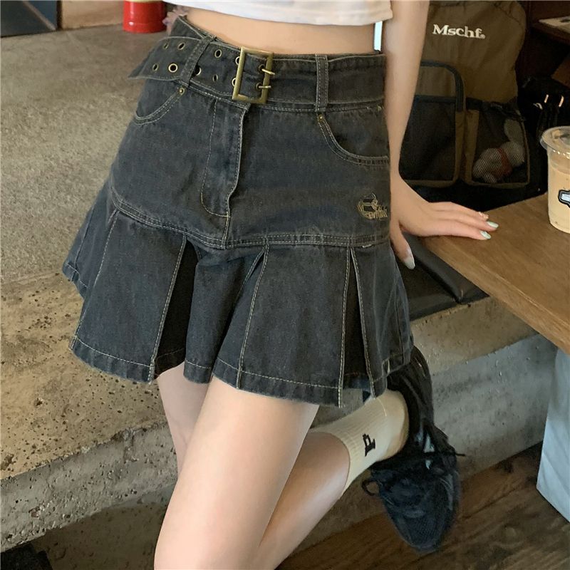 Design Sense Niche Spice Girl Denim Skirt Women's 2023 Summer New High Waist Slimming Pleated Half Skirt Trendy