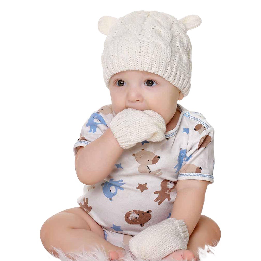 Winter Baby Hat Newborn Woolen Small Ear Hat Gloves Two-Piece Set Ear Protection Warm Lining Set