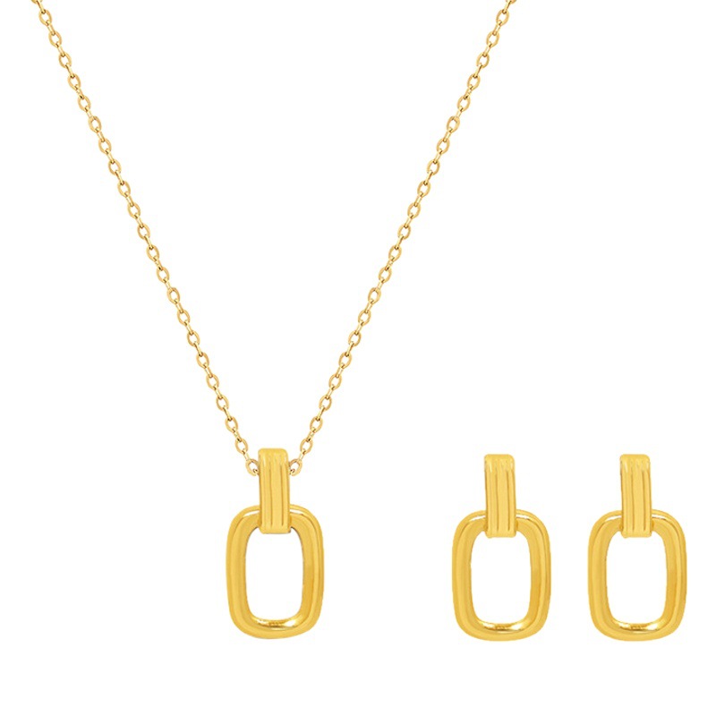 Ins Jewelry French Retro Oval Pendant Titanium Steel 18K Geometric Cut Out Necklace Earrings Set P985-F572