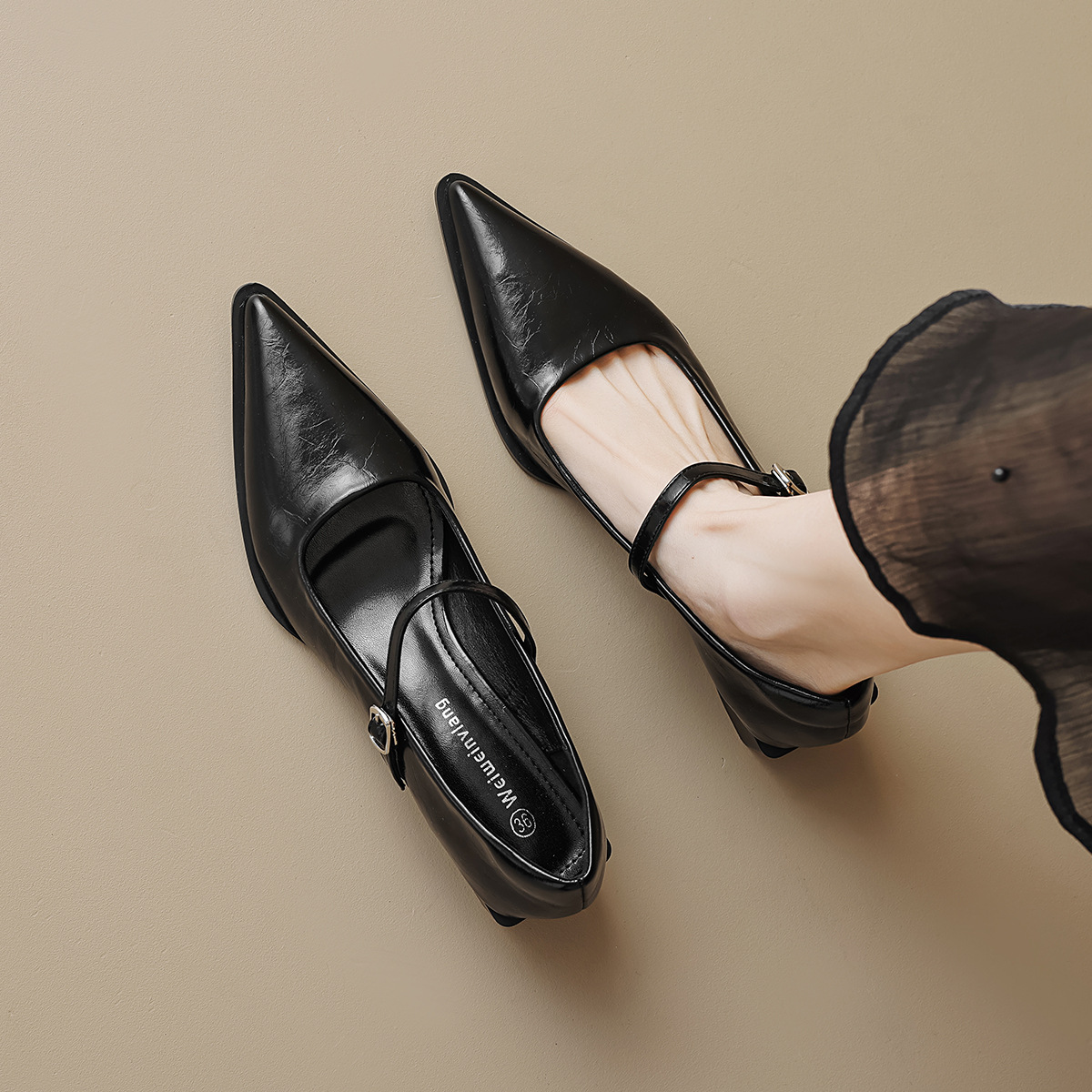 Weiwei Girl 108-1 French Pointed Single Shoes Women's Thick Heel with High Heels Elegant silver Mary Jane Shoes