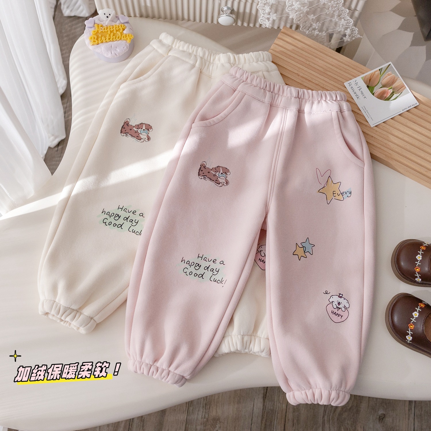 Girls' Winter Fashionable fleece-lined Sweatpants Stylish Printed Thickened Casual Pants Baby's Winter All-match One-piece Velvet Trousers