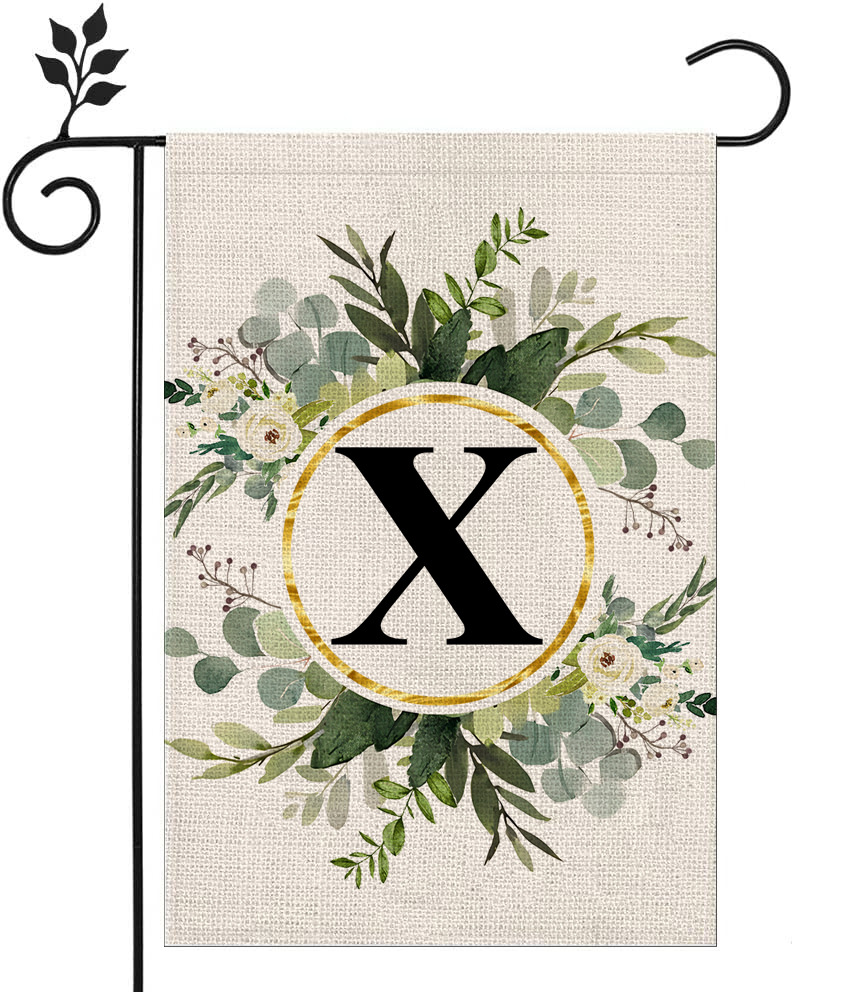 Picture of Simple ins style 26 letters + green plant printed linen garden flag surname initials courtyard door flag