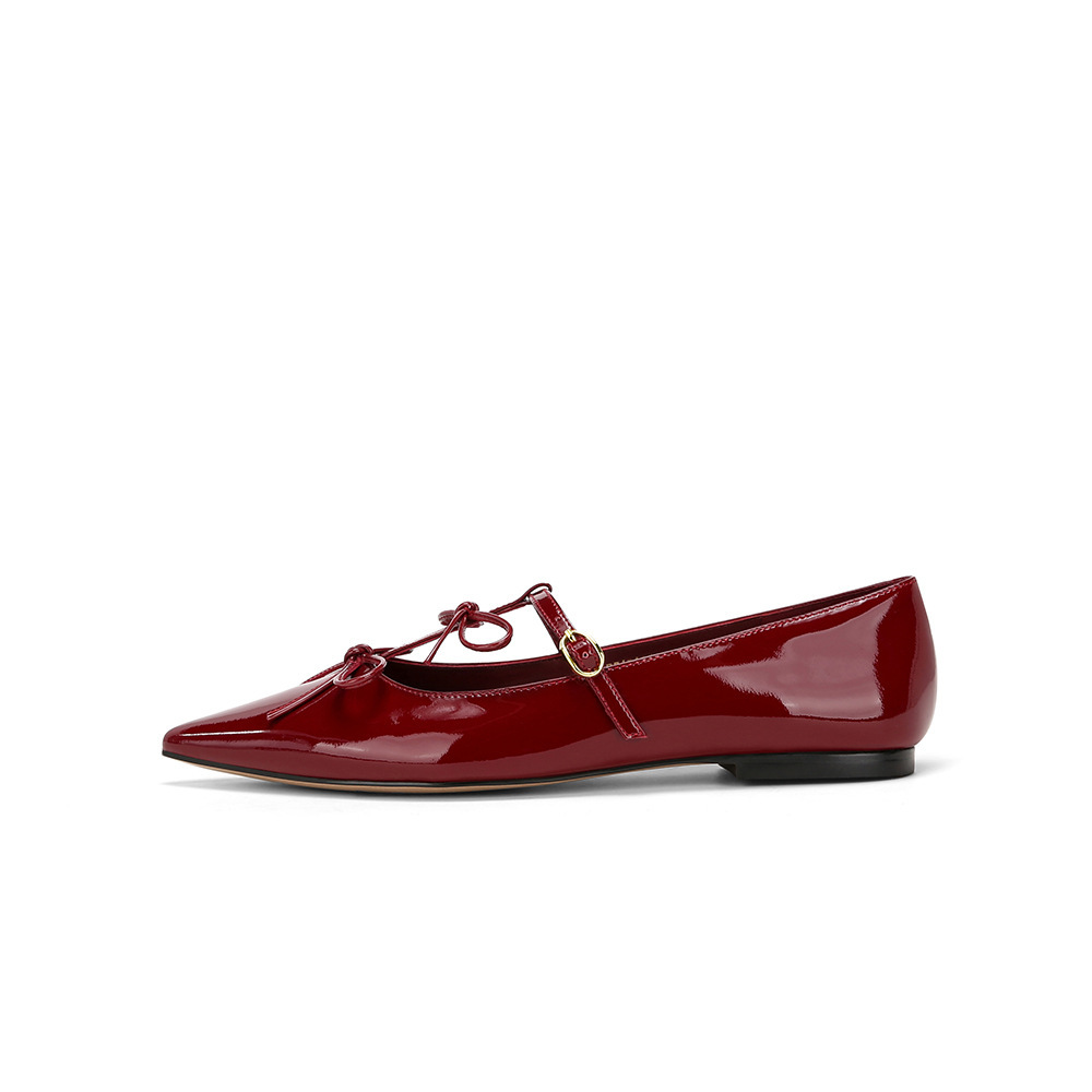Picture of Sheepskin ~ Chaohui style Hepburn evening event pointed bow shallow flat Mary Jane shoes women's flats and banquet shoes