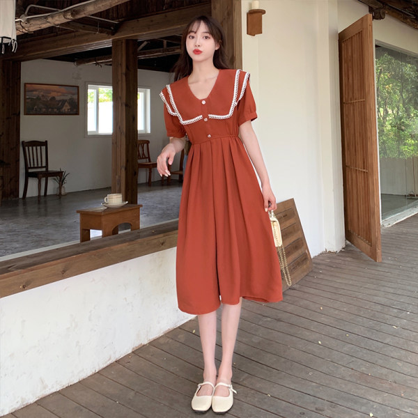 2022 summer new Korean style lapel lace waist short sleeve dress women's Hepburn thin popular skirt