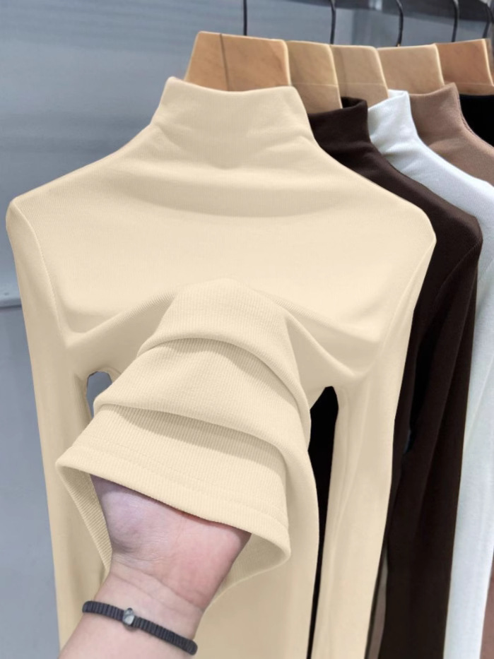 Picture of 180g Threaded Semi-high Collar Base Shirt Women's New Spring Autumn and Winter Fashion Long Sleeve T-shirt Slim Fit Velvet Inner Top
