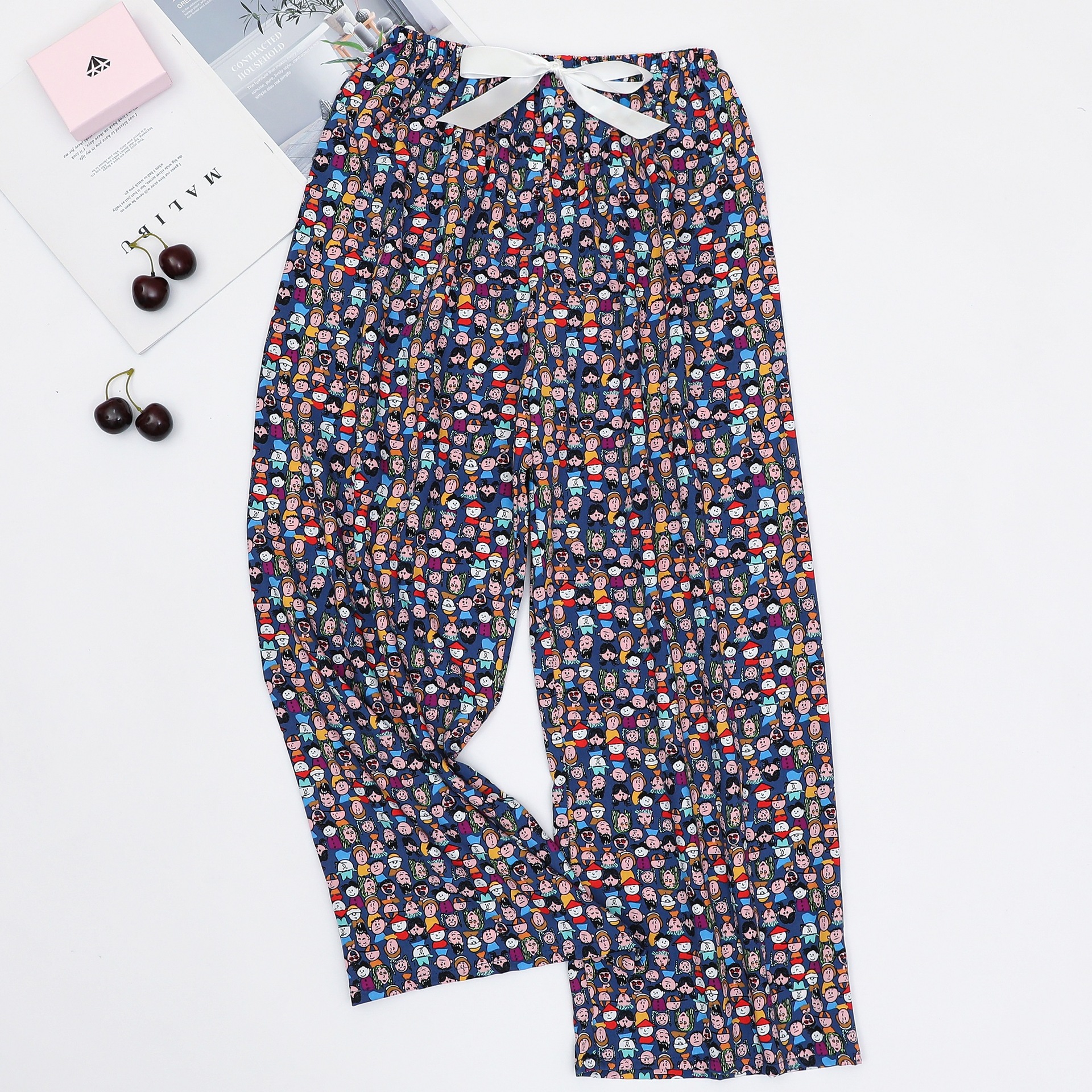 Picture of Cotton Silk Pajama Pants Women's Summer Thin Black and White Cartoon Style Wide Leg Pants Large Size Loose Outer Wearing Foreign Trade Beach Pants