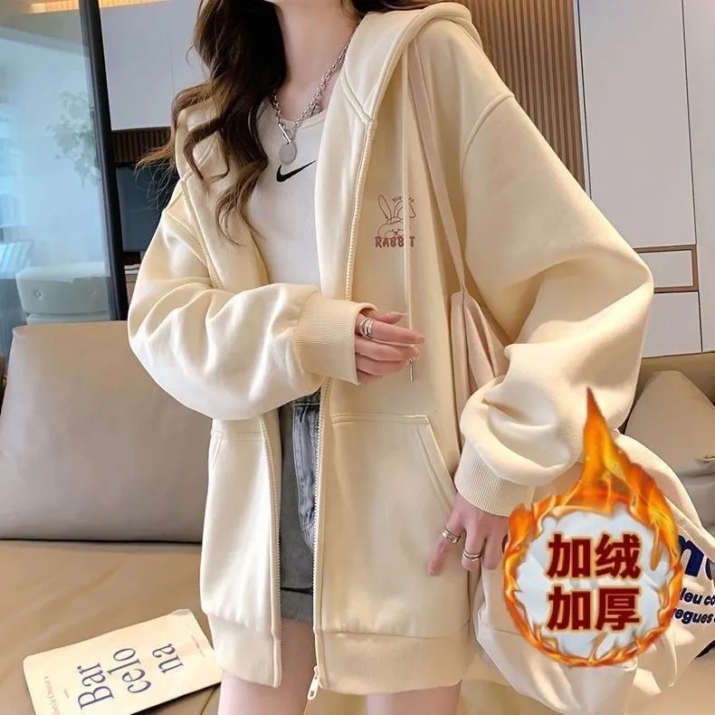 Picture of Embroidered hooded sweater women's autumn and winter fleece-lined thickened loose plus size college style casual hooded sweater cardigan coat