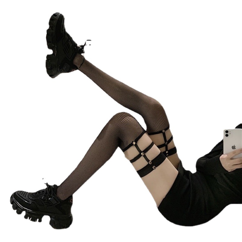 Net red rivet knee socks children's hollow fishnet stockings tube sexy suspender stockings dark punk black silk wholesale