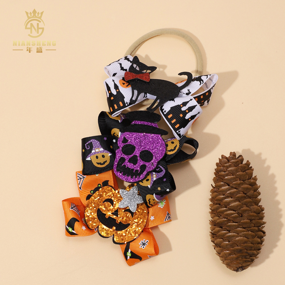 Picture of European and American New Children's Hair Band Halloween Hat Witch Pumpkin Skull Print Bow Baby Hair Accessories