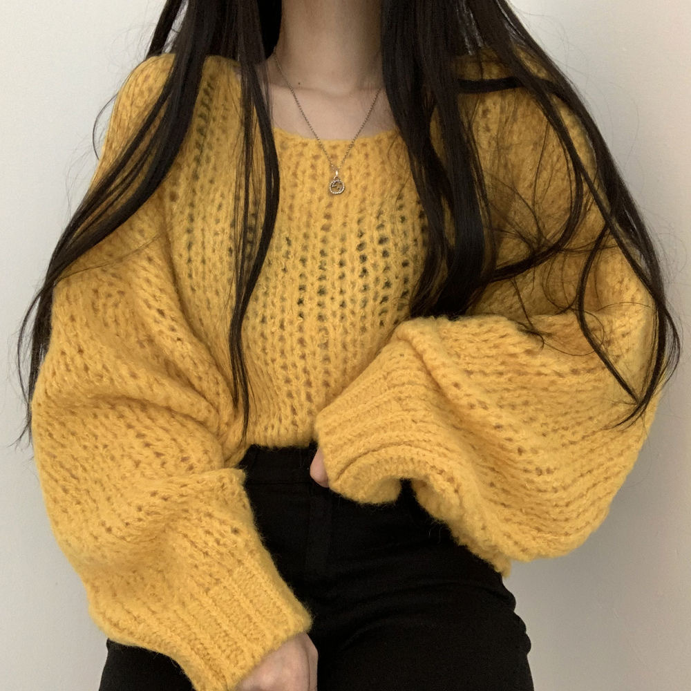 Picture of South Korea Chic Autumn All-match Candy Color Skin-looking Pullover Loose Thick Line Lantern Sleeve Knitted Sweater for Women