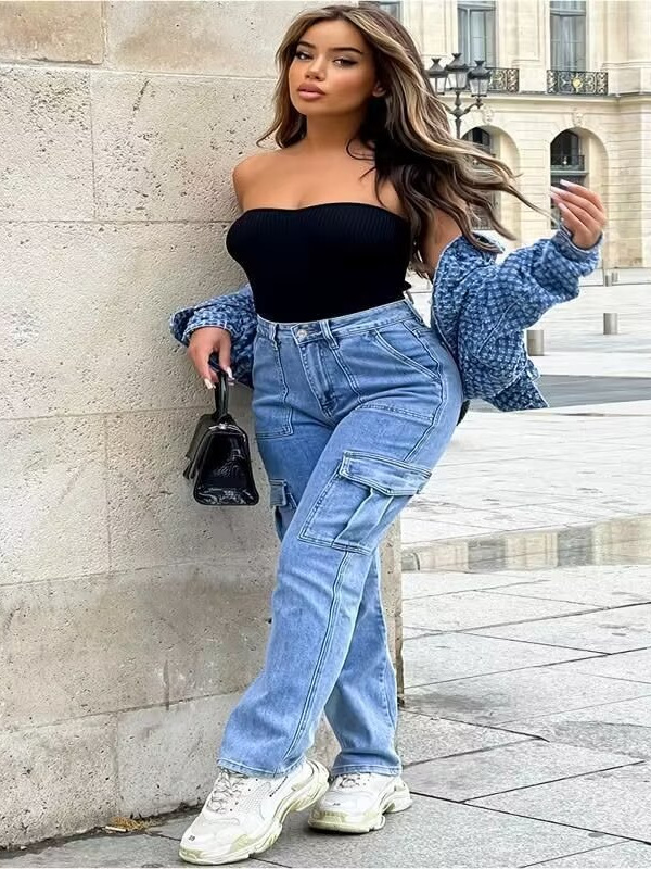 Picture of Foreign Trade Work Jeans for Women 2024 Spring & Fall New Amazon Ebay Hot Selling Multi-Flap Pocket Pants Wide-Leg Casual Pants