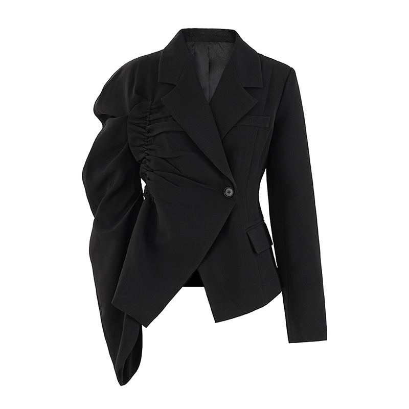European and American Niche Design Sense Elegant Fashion New Waist Black Suit Pleated Single-breasted Pleated Top Jacket