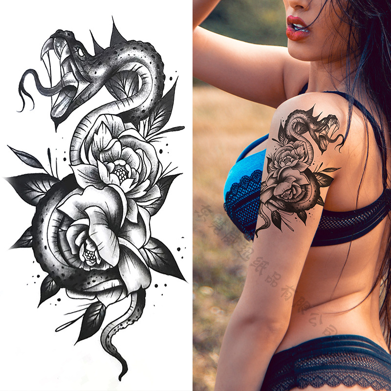 Picture of Cross-Border Supply of Sketch Flower Tattoo Stickers, Sketch Tattoo Stickers, Rose Flower Black and White Flower Tattoo