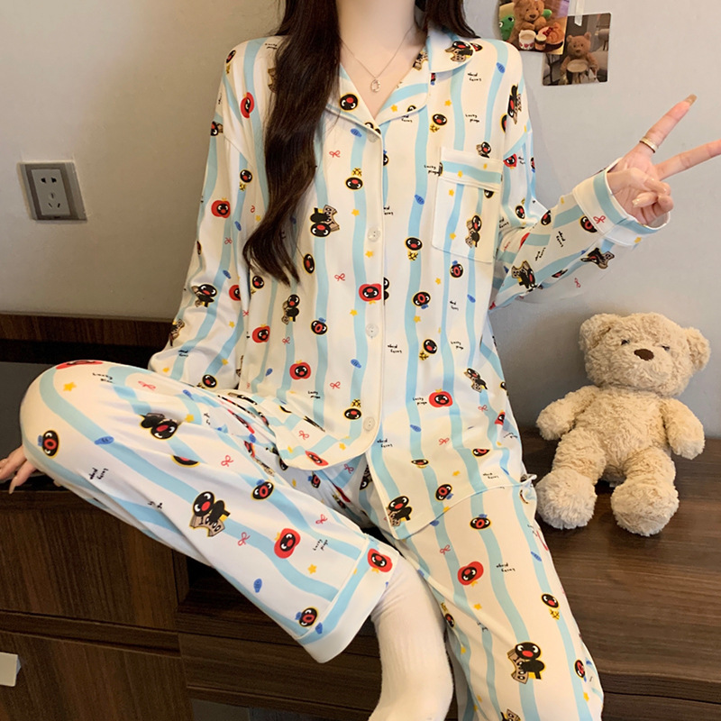 Picture of New Ins Pajamas for Women Simple Stripesd Internet Celebrity Long-Sleeved Cardigan Girl Korean Version Thin Home Wear Set Wholesale