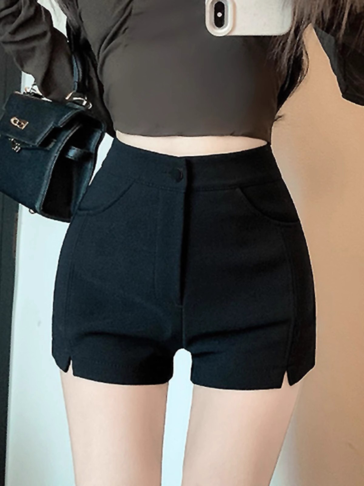 Black High Waist Stretch A- letter Straight Shorts Women's Summer 2024 Autumn New Style Spice Girls Slimming Hip Hot Pants
