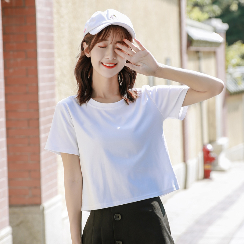 2024 Summer Short-sleeved Navel Solid Color T-shirt Women's Korean-style Short All-match Candy-colored Top Base Shirt