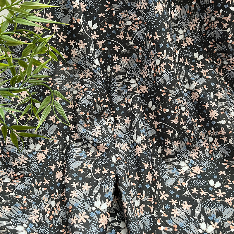 Black background floral digital printed fabric, cotton 60-count poplin clothing, dress, shirt, short skirt, handmade fabric