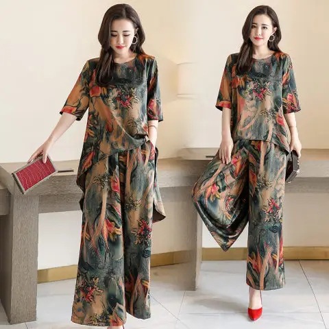8841 # Summer Suit Women's Retro Printed Two-Piece High-End Fashion Wide-Leg Pants Women's Clothing