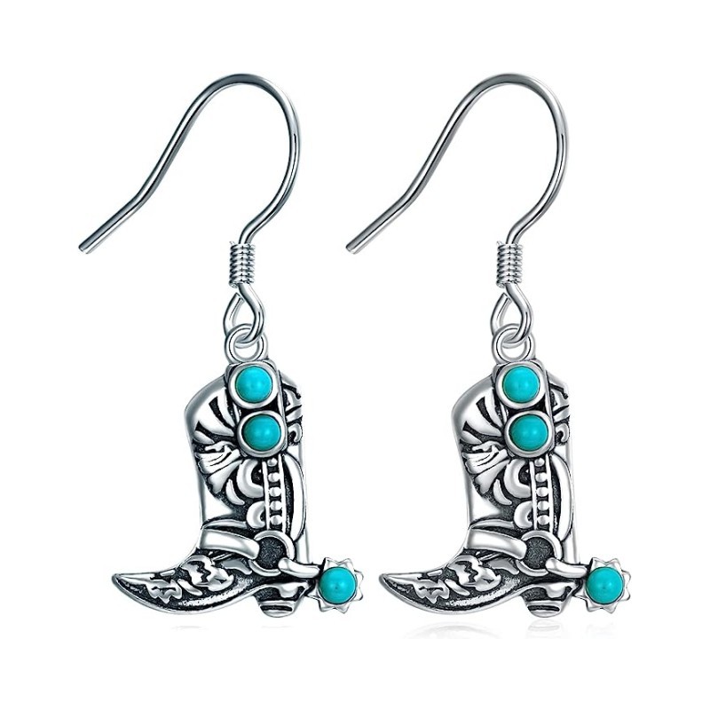 Mingfei European and American Retro Cross-border New Jewelry Creative Personality Fashion Turquoise Western Cowboy Boots Pendant Earrings