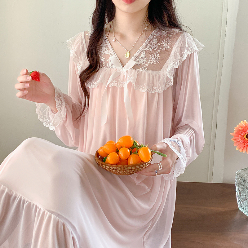 Picture of Spring and Autumn Nightgown Women's French Style Lace Long-Sleeved Vintage Palace Style Loose plus size Pajamas Mid-Length Home Clothes