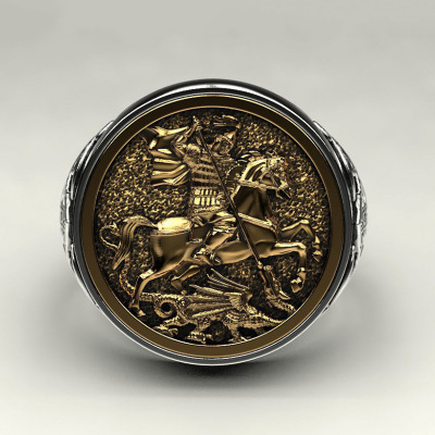 Picture of Huajie Unique Sovereign Men's Ring Saint George Portrait Plated 925 Two-Tone Roman Soldier Dragon Ring