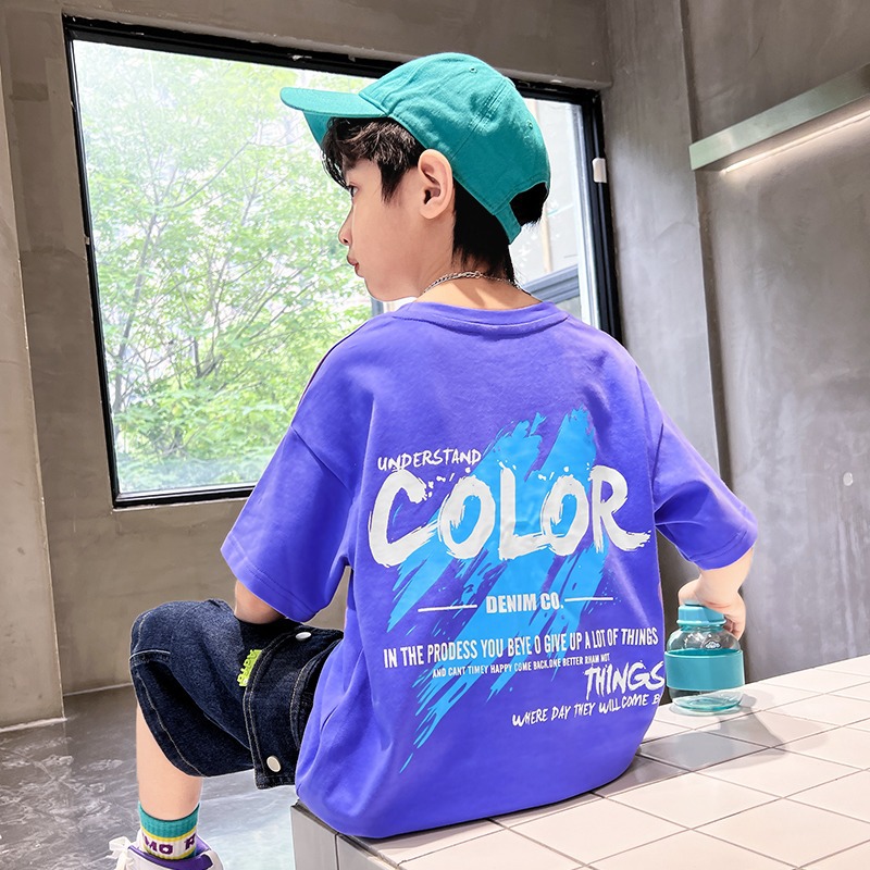 Boys' summer short-sleeved T-shirt children's purple half-sleeved T-shirt 2023 new boys' fashionable summer top