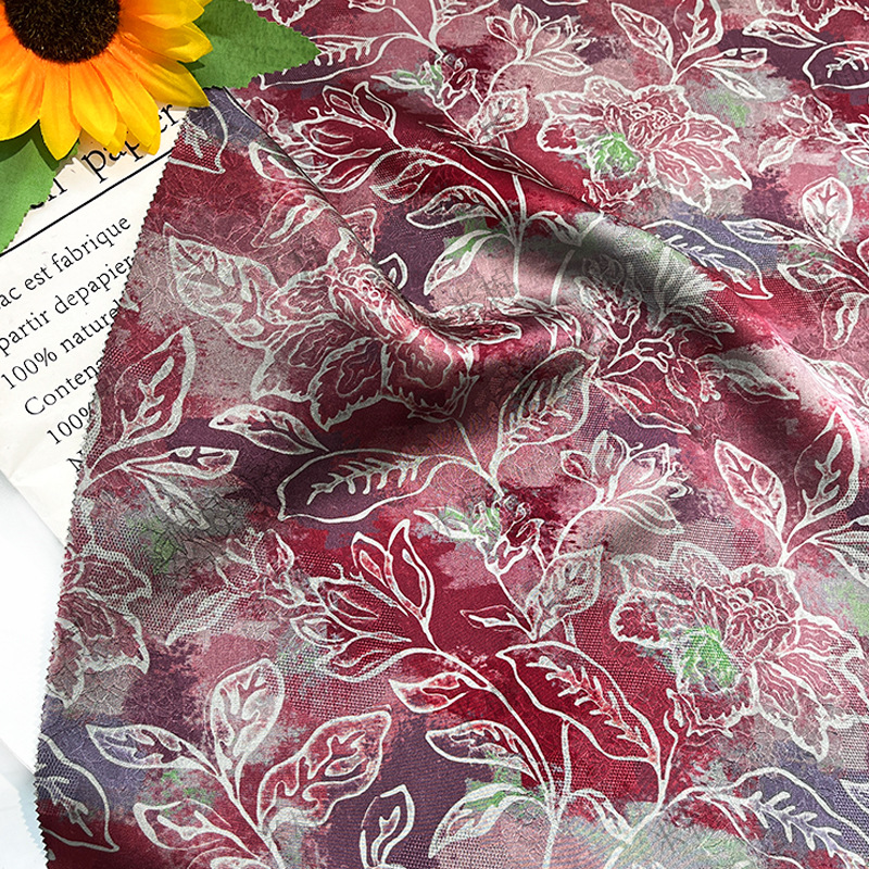 Scarlet flower human silk jacquard fragrant cloud gauze fabric new Chinese style handmade shirt vest cheongsam fabric