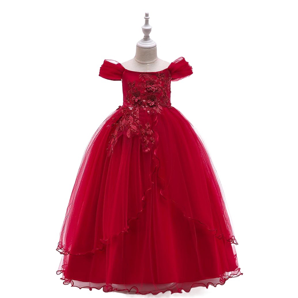 Children's Wedding Dress Dress Children's Sling Off-Shoulder Mesh Piano Performance Dress Host Long Dress