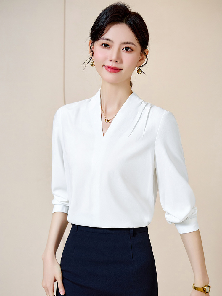 High-grade White Shirt Women's Professional 2024 Spring and Autumn Suit Interior Workplace Interview Dress Chiffon V-neck Shirt