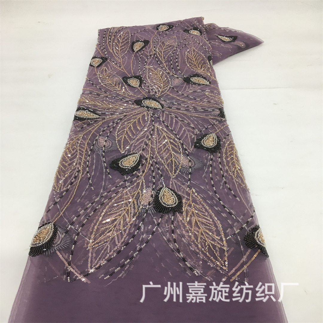 In stock: Ghanaian ethnic style plant leaf sequin beads lace fabric dress cheongsam fashion fabric LACE