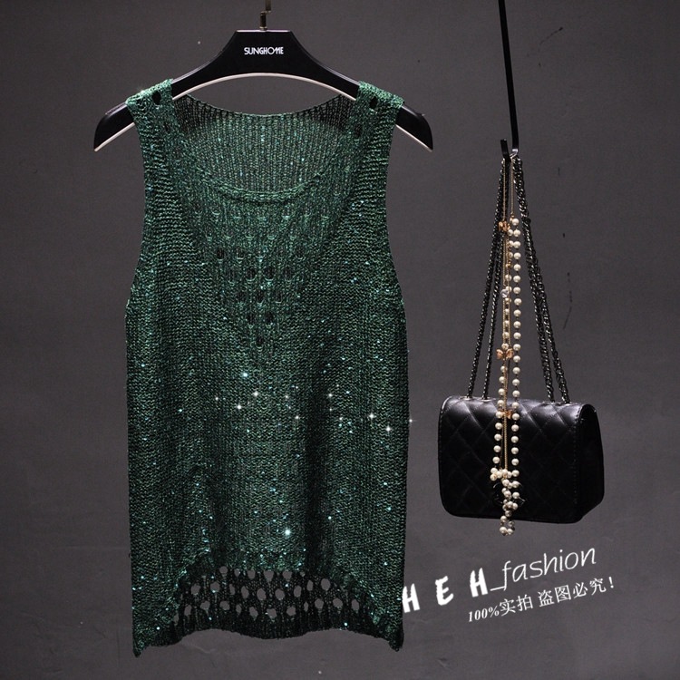 Picture of Summer New Beaded Sparkling Sequins Hollow Thin Sleeveless Sweater Front Short Back Long Vest T-shirt Top Women