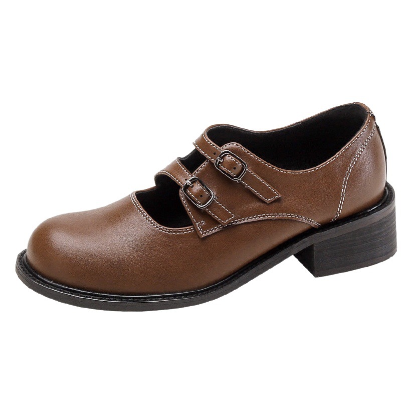 Thick Heeled Mary Jane Shoes Autumn and Winter New College Style JK Women's Shoes Round Toe Mid Heeled Shallow Mouth Shoes Vintage Leather Shoes