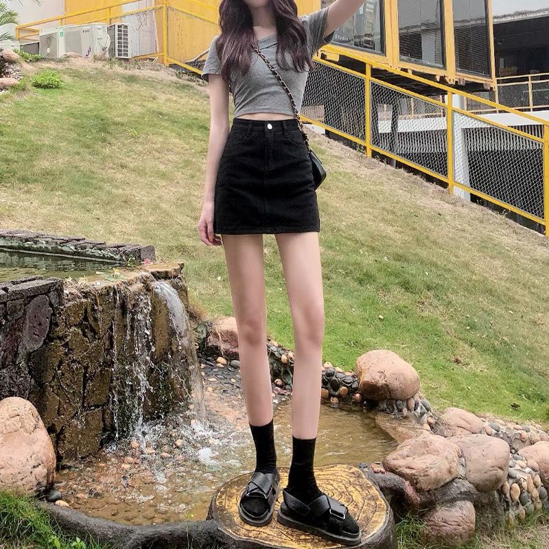 American fashion black Denim short skirt women's skirt 2024 Summer high waist slimming hot girl A- line hip skirt