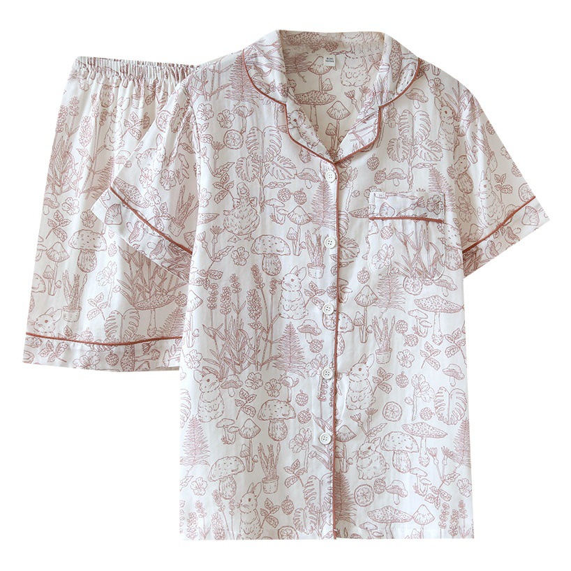 Xia Shangxin Pure Cotton Gauze Pajamas Women's Short-sleeved Shorts Home Clothes Set Thin Cardigan Cartoon Cute Lapel
