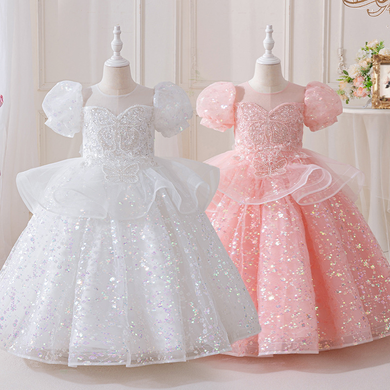 Niche High-end Host Girls' Dress Birthday Performance Clothing Light Luxury Children's Piano Performance Clothing Pink Princess Dress