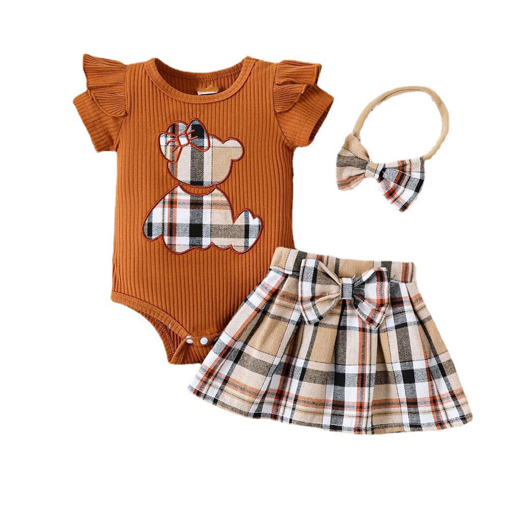 Picture of Cross-border INS newborn baby bag fart triangle khayi baby girl plaid skirt summer bear two-piece suit