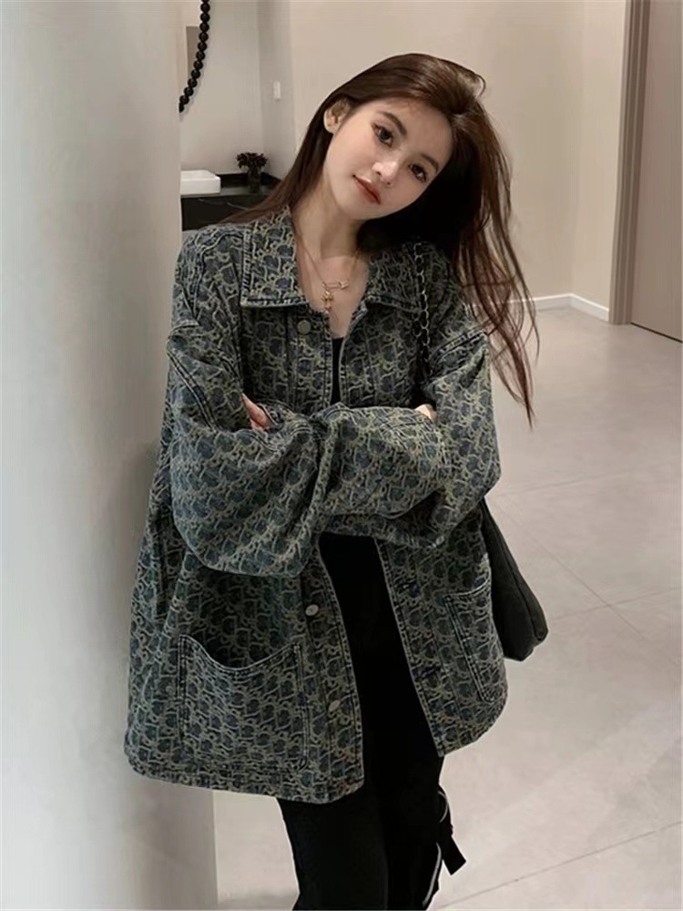 American High Street Retro Denim Jacket Women's 2024 Spring and Autumn New Design Niche Joker Printed Jacket Top