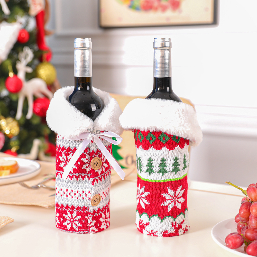 Qiachi's New Scandinavian Knitted Elk Snowflake Red Wine Bottle Set Christmas Decoration Fur Ball Wine Bottle Set Household Supplies