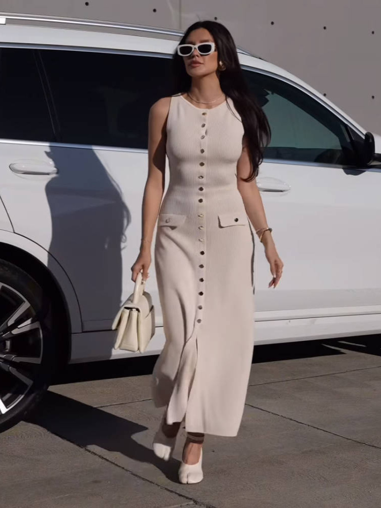 European and American Cross-Border Ready Stock 2025 Summer New Fashion Elegant Sleeveless Button Knitted Slit Skirt Elegant Work Clothing