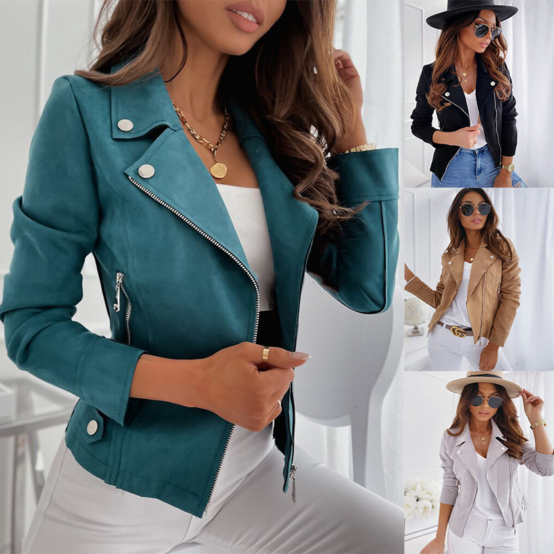 European and American Cross-border Foreign Trade Autumn and Winter Explosions Women's Leather Zipper Button Decoration Slim-fit Casual Jacket in stock