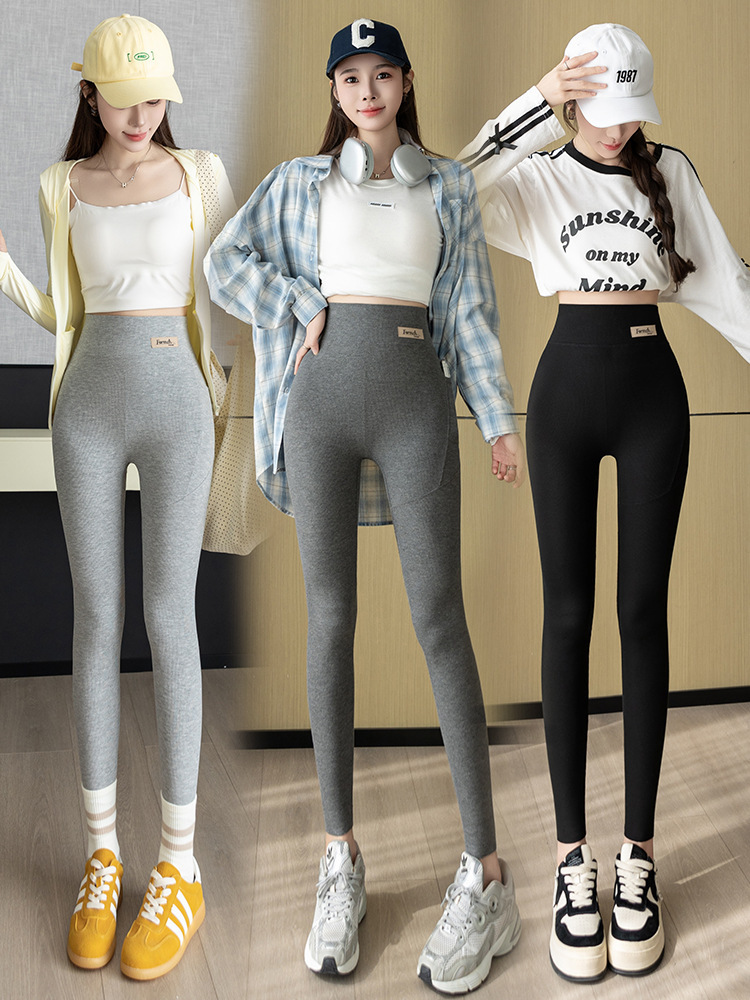 Women's 2025 new style of threaded cotton side pocket leggings women's new wear for autumn and winter high-waisted stretchy long pants and small leg pants for women