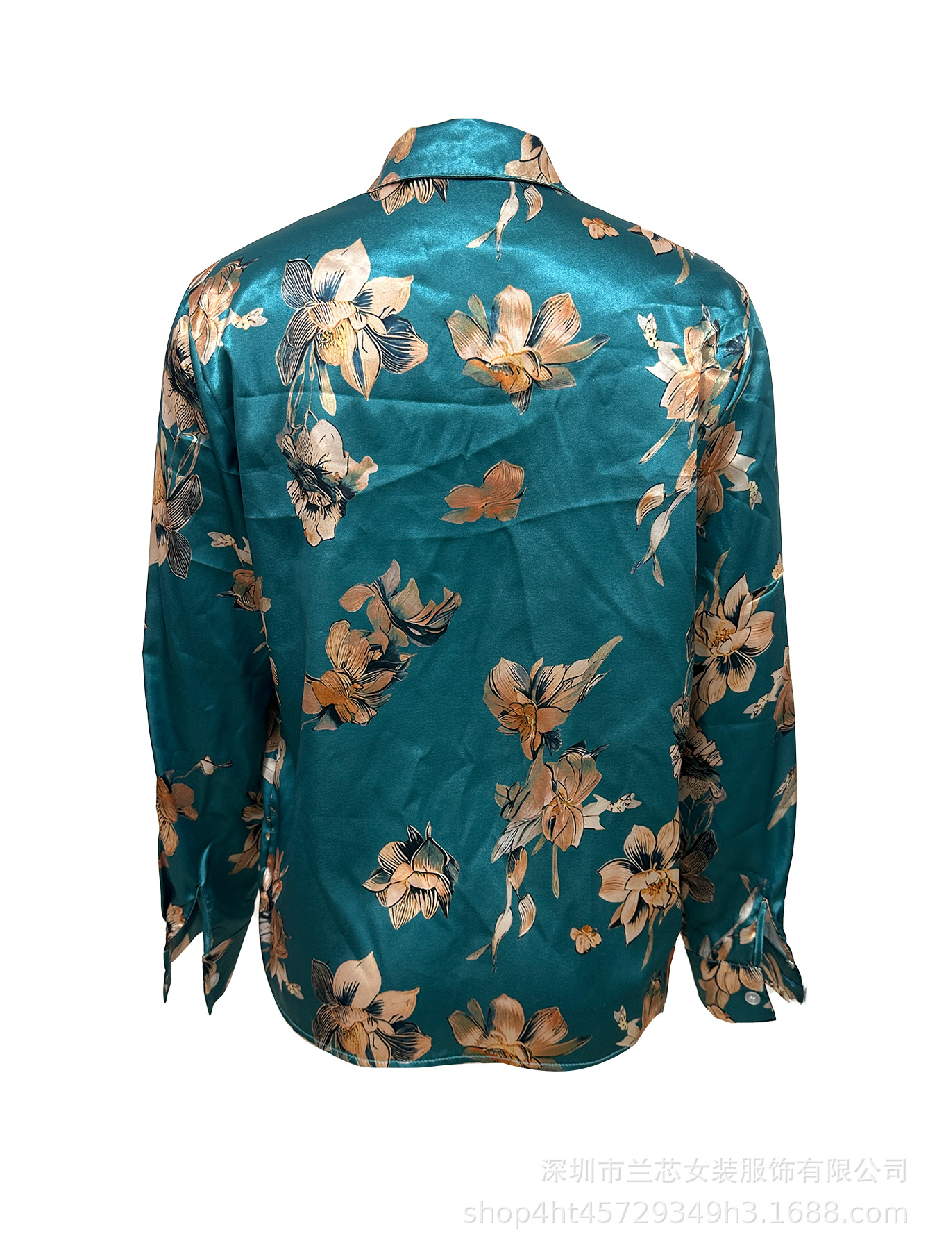 Picture of [Standard Code] Golden Lotus Print Shirt Spring and Summer Lapel Style Satin Slim Long Sleeve Professional Shirt