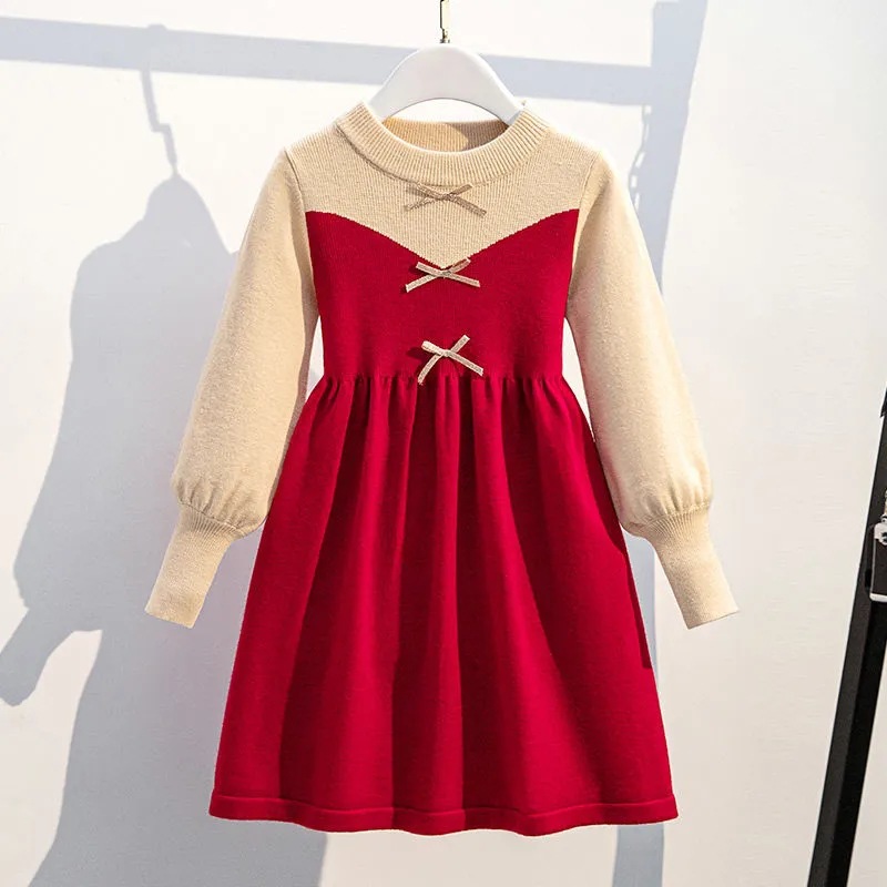 Girl's Fashionable Contrast Color Knitted Sweater Dress Girl's Autumn and Winter New Style Elegant Lady's Retro Style dress