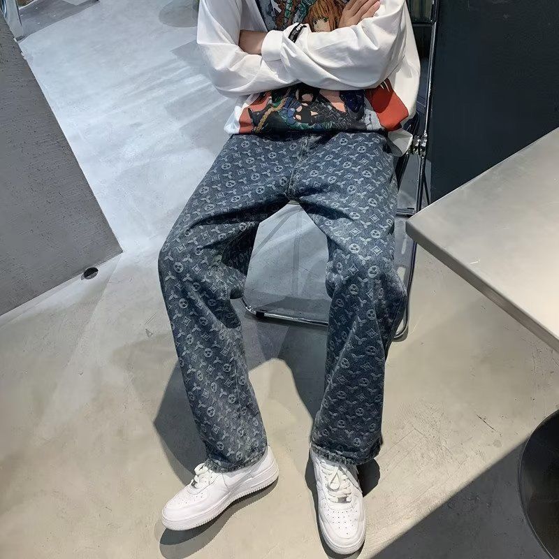 American style vibe style pants high street fashion ins design sense full print jacquard jeans retro hiphop straight pants