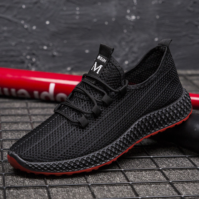 Summer Korean Style Trendy Men's Shoes Hollow Mesh Breathable Men's Sports Shoes Soft Sole Non-Slip Black Shoes Men's Cross-Border
