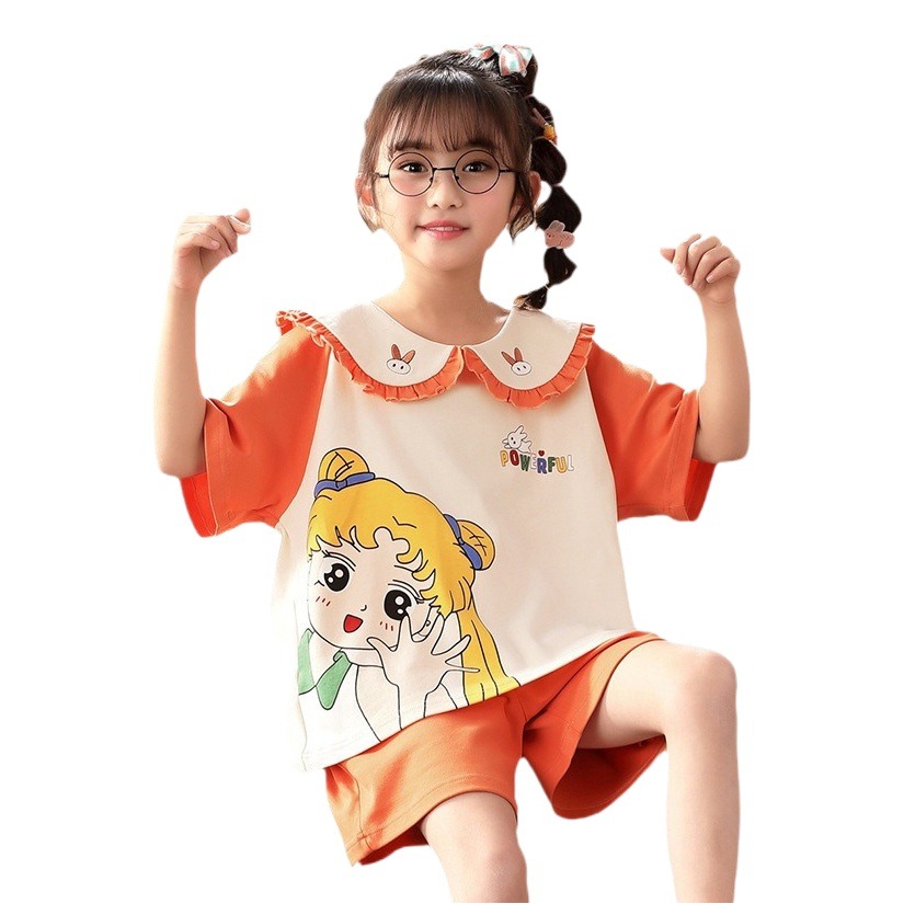 Girls' Short-sleeved Pajamas for Mother and Daughter Summer Sweet Girls Middle and Big Kids Cute Pure Cotton Loose Student Suit Home Clothes